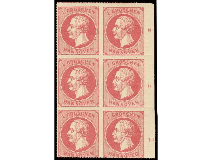 1864, durchstochen mit rosa Gummierung: 1 Gr. lebhaftrotkarmin im senkrechten 6er-Block vom rechten Bogenrand mit Reihenzähle