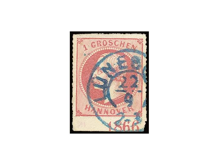 1 Gr. rosa, Unterrandstück mit Jahreszahl "1866", sauber gestempelt "LÜNEBURG 22/9", selten, Pracht, sign. H. Krause