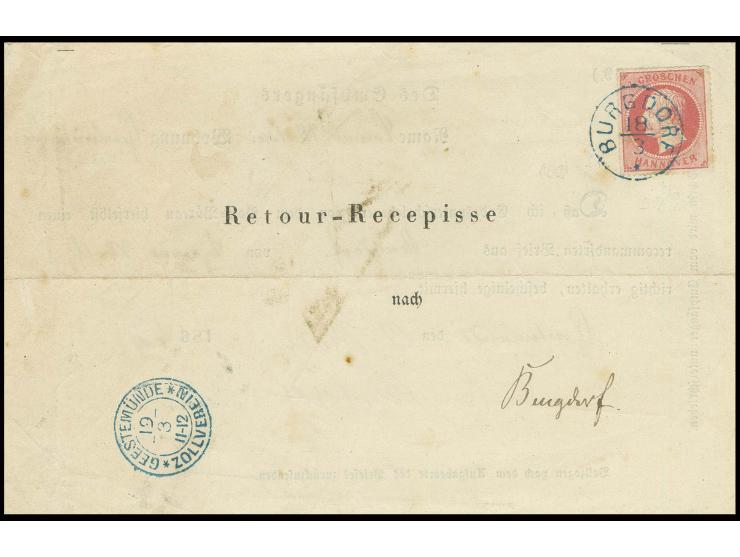 1 Gr. rosa mit klarem EKr. "BURGDORF 18/3" (1864) auf Retour-Recepisse mit nebengesetztem Aufgabestempel "GEESTEMÜNDE ZOLLVER