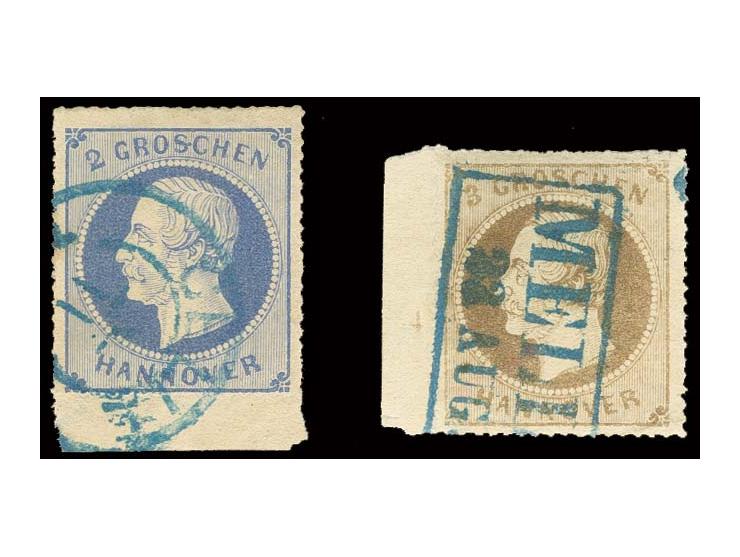 2 Gr. ultramarin, Unterrandstück, und 3 Gr. braun, linkes Randstück mit Reihenzähler "4", sauber gestempelt, sign. W. Engel B