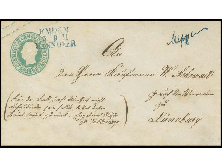 GANZSACHEN: 1857, Umschlag 1 Ggr. grün im Kleinformat mit auf den Wertstempel übergehendem L3 "EMDEN/5.9./HANNOVER" mit hands