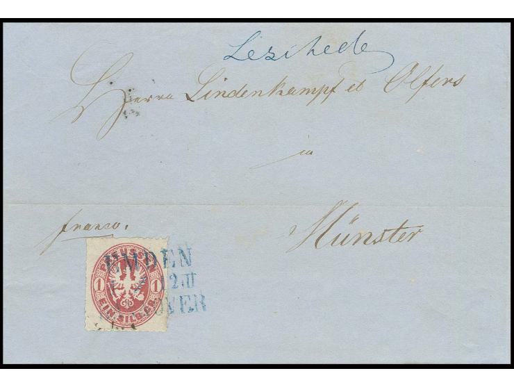 "EMDEN/1.12./HANNOVER", Bahnpost-L3 sauber auf Preußen 1 Sgr. rosa auf Briefhülle mit handschriftlicher Ortsaufgabe "Leschede