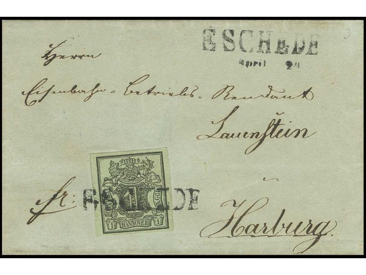 "ESCHEDE", L1 sauber auf 1 Ggr. auf graugrün, zusätzlich nebengesetzt mit kleinem Datumsstempel "April 24" auf kleiner Faltbr