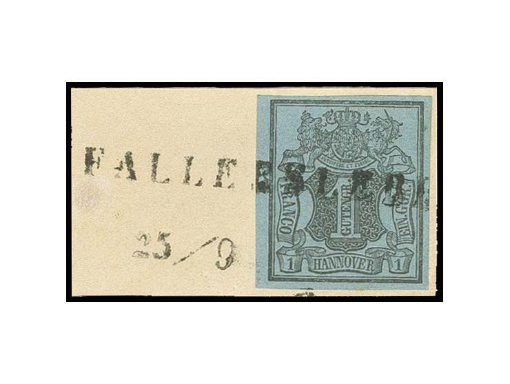 "FALLERSLEBEN", L1 auf 1 Ggr. auf graublau auf Briefstück mit nebengesetztem Datumsstempel "25/9", Kabinett, sign. Berger BPP