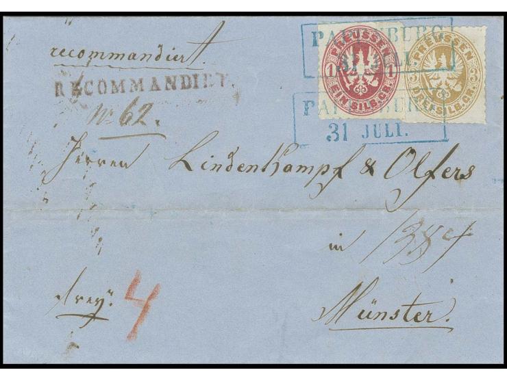"PAPENBURG 21 JULI", 2mal klar abgeschlagen auf Preußen 1 Sgr. karmin und 3 Sgr. ockerbraun auf Reco-Briefhülle nach Münster 