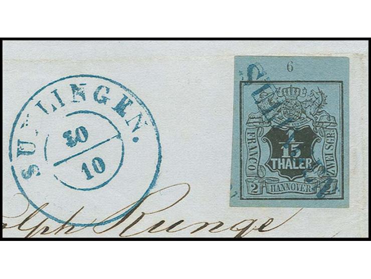 "SULINGEN", L1 in blau sauber auf breitrandigem Oberrandstück 1/15 Th. auf blau mit Reihenzähler "6" auf Briefstück mit neben