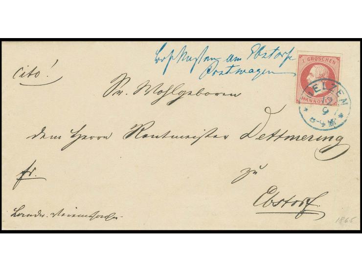 "Briefkasten am Ebstorfer Postwagen", handschriftlicher Vermerk nebengesetzt auf kpl. Faltbrief, frankiert mit 1 Gr. durchsto