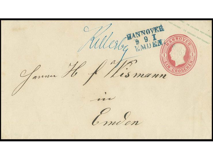 "Kellerbg" (Kellerberg), handschriftliche Ortsaufgabe auf Ganzsachenumschlag 1 Gr. rosa mit L3 "HANNOVER/9.9./EMDEN" nach Emd