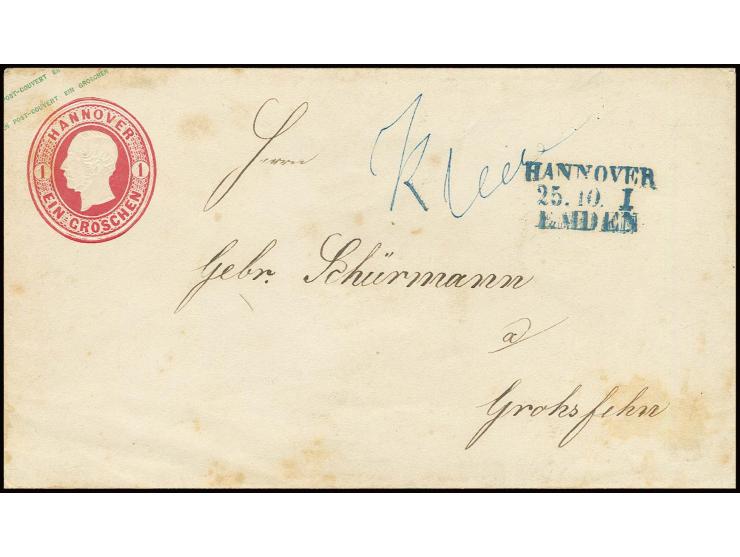 "Kluse", handschriftliche Ortsaufgabe auf Ganzsachenumschlag 1 Gr. rosa mit L3 "HANNOVER/25.10./EMDEN" nach Großefehn mit Ank