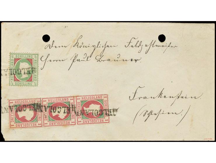 1867/73, durchstochen: 1 Sch. rosakarmin/dunkelgrün im senkrechten 3er-Streifen in Mischfrankatur mit 1869, ½ Sch. mittelbläu