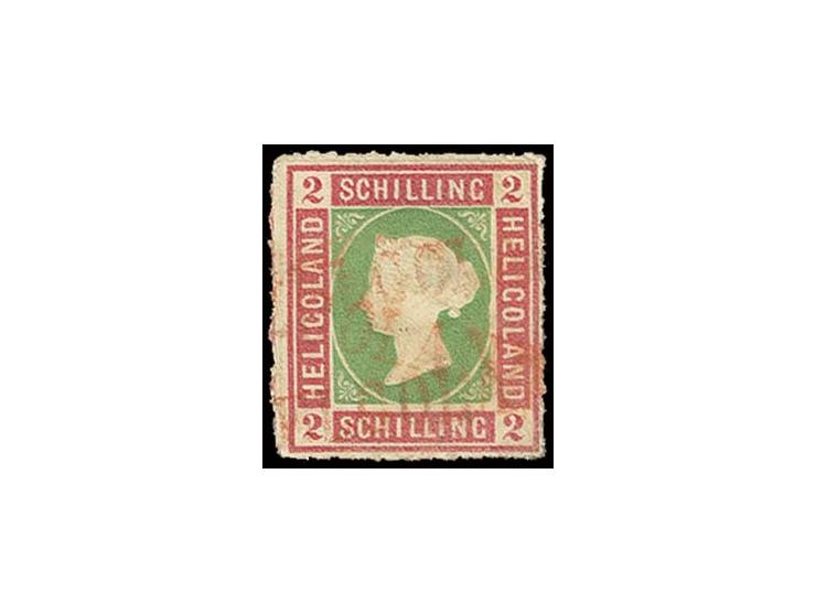 2 Sch. lilakarmin/gelblichgrün, farbfrisch und gut durchstochen mit sehr seltener Entwertung durch 3mal aufgesetzten L1 "HELG