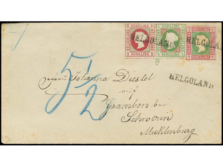 2 Sch. lilakarmin/dunkelgelblichgrün in Mischfrankatur mit gezähnter Ausgabe ½ Sch. grünoliv/karminrot und 1 Sch. karmin/gelb