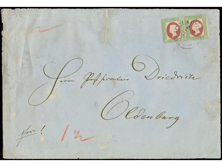 1873, gezähnt: 1½ Sch. hellgrün/karmin im waagerechten Paar mit DKr. "HELIGOLAND Ju 19 1874" auf größerformatigem Brief der 2