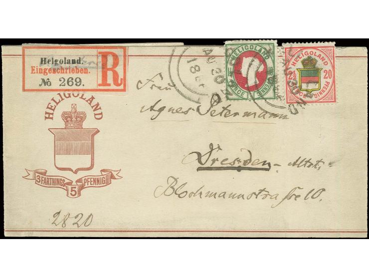 1875, 10 Pfg. grün/trübkarmin und 20 Pfg. lachsrosa/graugrün/strohgelb als Zufrankatur auf Streifband 5 Pfg. als Einschreiben