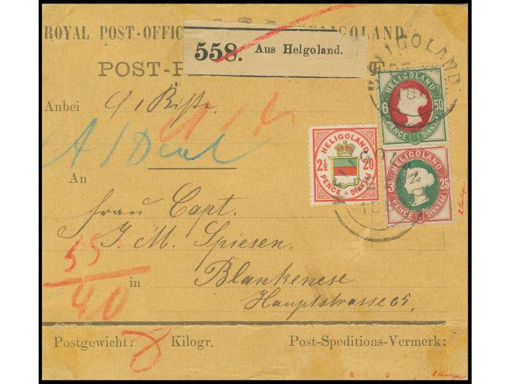 25 Pfg., 50 Pfg. grün/dunkellilakarmin und 20 Pfg. rötlichorange/hellgelb/hellgraugrün auf Paketkarte von "HELIGOLAND DE 24 8