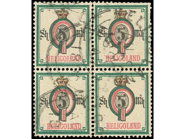 5 M. im 4er-Block mit Rundstempel "HELIGOLAND AU 9 1890", die rechte obere Marke Zahnfehler, sonst einwandfrei; es sind nur g