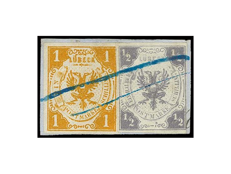 1859, mit Wasserzeichen: ½ und 1 Sch. mit blauer Tintenentwertung auf kleinem Briefstück, 1 Sch. allseits breitrandig, ½ Sch.