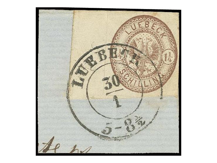 1864, 1 ¼ S. dunkelbraun, allseits breitrandig mit linkem Bogenrand, mit DKr. " LUEBECK 30/1" auf Briefstück, Kabinett, sign.