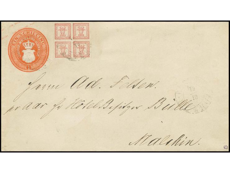 1864, 4/4 Sch. rot mit leicht aufgesetztem DKr. "ROSTOCK BAHNHOF 15/10", zusätzlich nebengesetzt auf Ganzsachenumschlag 1 Sgr