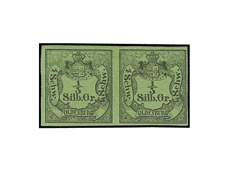 1852, 1/3 Sgr. auf grün im waagerechten Paar, voll- bis breitrandig und sehr schön farbfrisch, ungebraucht ohne Gummi, rückse