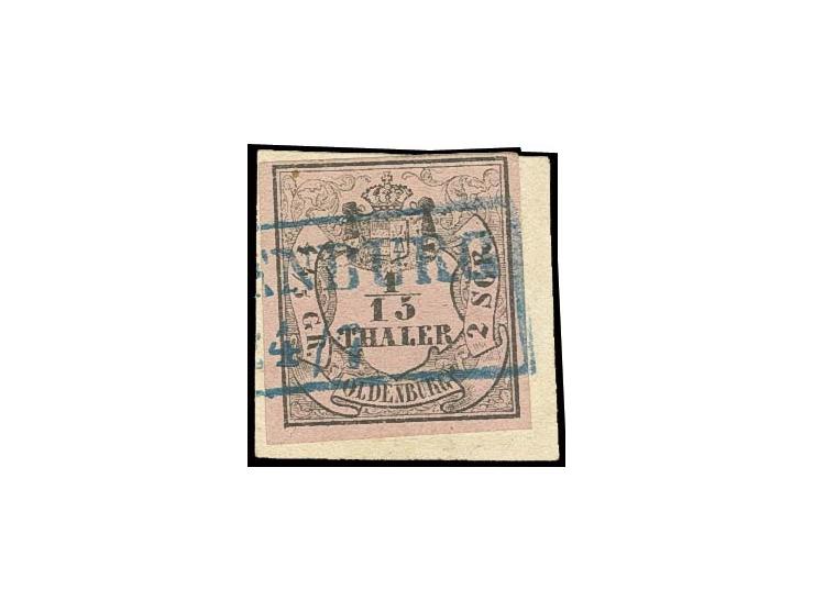 1/15 Th. auf mattbräunlichrot, voll- bis meist breitrandig mit Teilabschlag des Ra2 "OLDENBURG" auf kleinem Briefstück, Prach