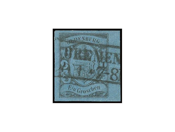 1859, 1 Gr. auf blau, allseits breit- bis überrandig mit 4 mm rechten Bogenrand, mit sauber aufgesetztem Ra2 "BREMEN 20 4", L