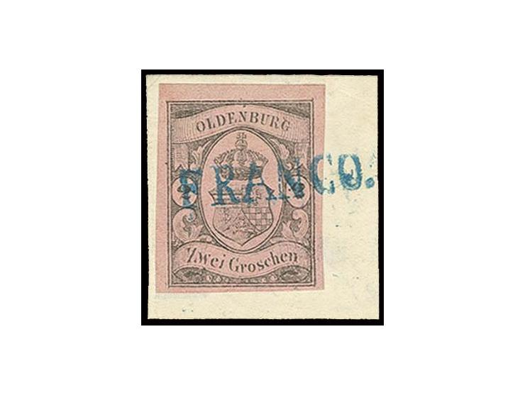 2 Gr. auf rötlichkarmin, breitrandig und farbfrisch mit L1 "FRANCO." auf Briefstück, Kabinett, sign. Kauert und Pfenninger (M
