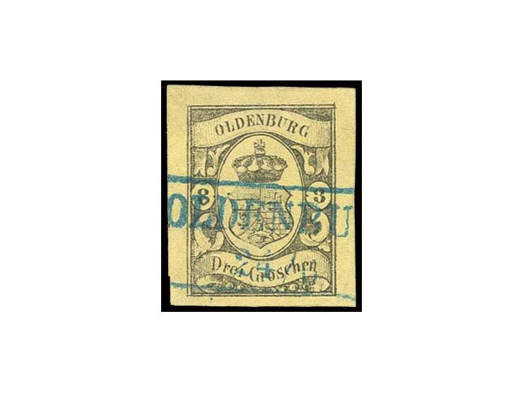 3 Gr. auf graugelb, allseits sehr breitrandig und farbfrisch mit Ra2 "OLDENBURG", Kabinett, sign. Pfenninger (Mi. 750,-)