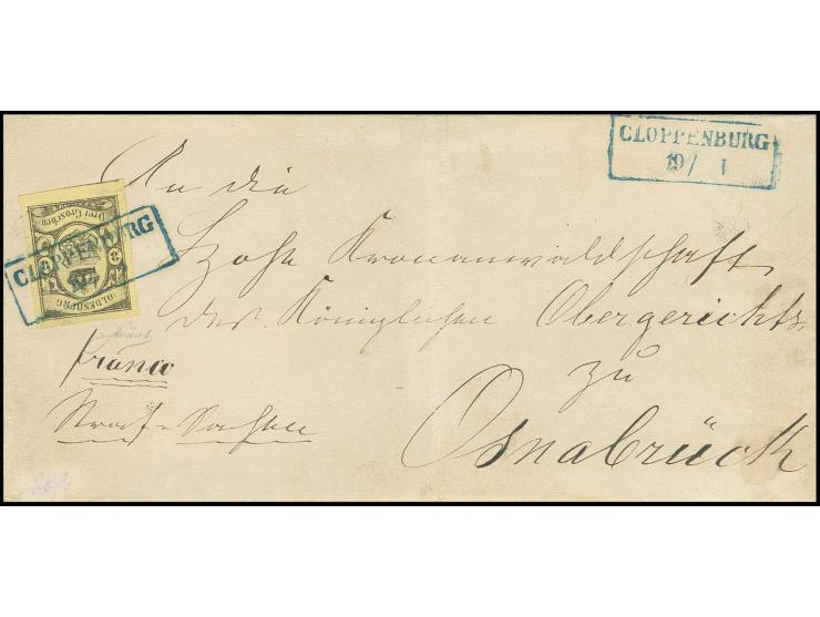 3 Gr. auf gelb, farbfrisch und allseits sehr breit- bis überrandig mit sauberem Ra2 "CLOPPENBURG 19/1" auf Briefhülle nach Os