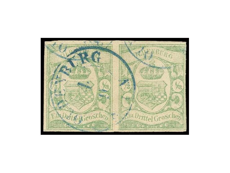 1861, 1/3 Gr. blaugrün im waagerechten Paar, dreiseitig voll- bis breitrandig, rechts Lupenrand mit DKr. "OLDENBURG 4/9", zwi