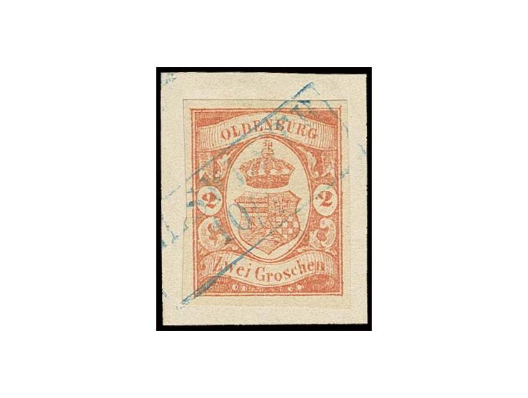 2 Gr. rotorange, allseits breitrandig mit blauem Ra2 "ELSFLETH 10/1" auf Briefstück, Kabinett, Altsignaturen, Befund Brettl B