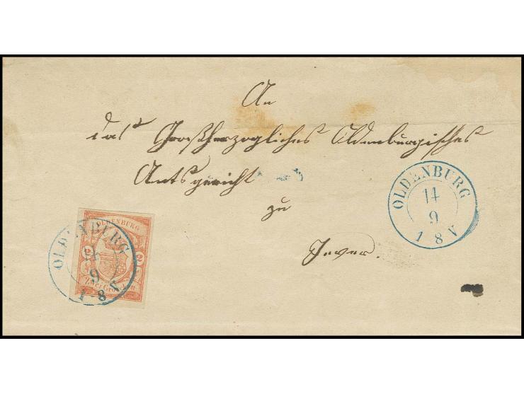 2 Gr. rot, sehr schön farbfrisch und allseits breit- bis überrandig mit klar aufgesetztem DKr. "OLDENBURG 14 9", zusätzlich n