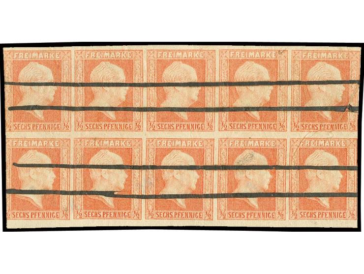 1850, 6 Pfg. rotorange im waagerechten 10er-Block, links angeschnitten und kleiner Randspalt, sonst voll- bis breitrandig, en