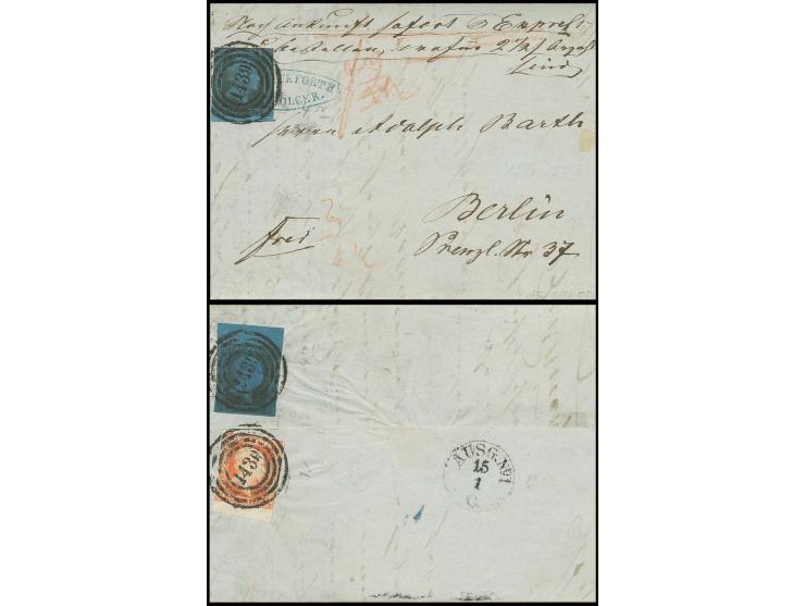 6 Pfg. rotorange, voll- bis breitrandig, unten mit ca. 4 mm Bogenrand und 2 Sgr. auf blau, voll- bis breitrandiges Oberrandst