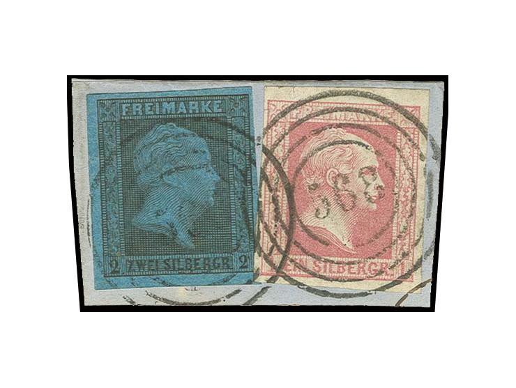 2 Sgr. auf graublau in Mischfrankatur mit 1857, glatter Grund 1 Sgr. rosa, beide breitrandig mit Nr. "568" HAGEN auf kleinem 