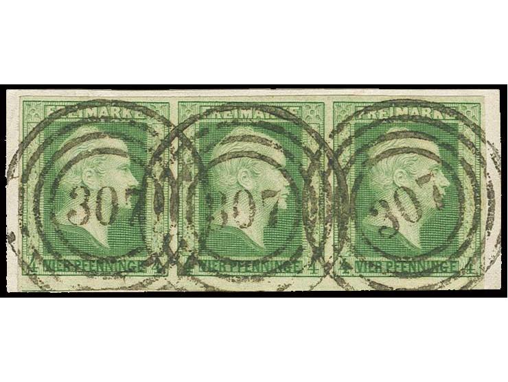 1856, 4 Pfg. grün im waagerechten 3er-Streifen, sehr schöne tiefe frische Farbe, allseits breit- bis überrandig, mit sauberer