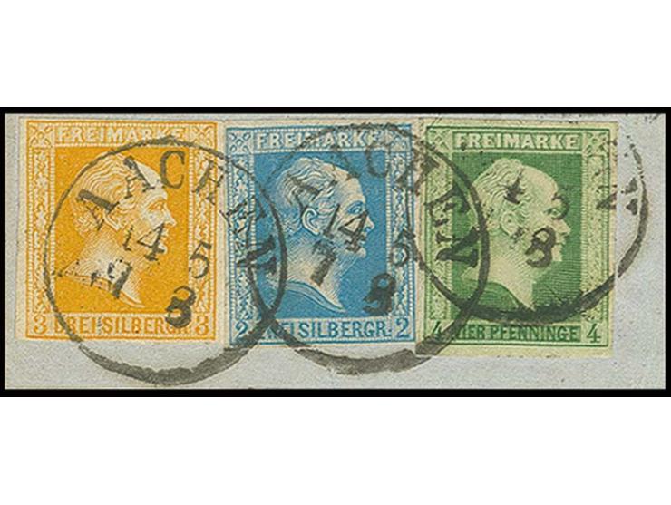4 Pfg. grün in Mischfrankatur mit glatter Grund 2 Sgr. hellblau mit Plattenfehler "diagonaler Strich durch FREIMARKE" und 3 S