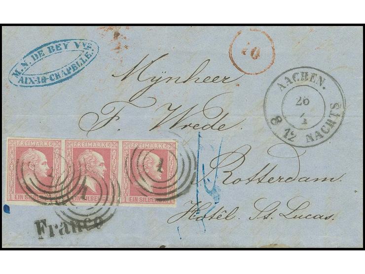 1857, glatter Grund: 1 Sgr. rosa im waagerechten 3er-Streifen, voll- bis meist breitrandig und farbfrisch mit Nr. "1" auf Bri