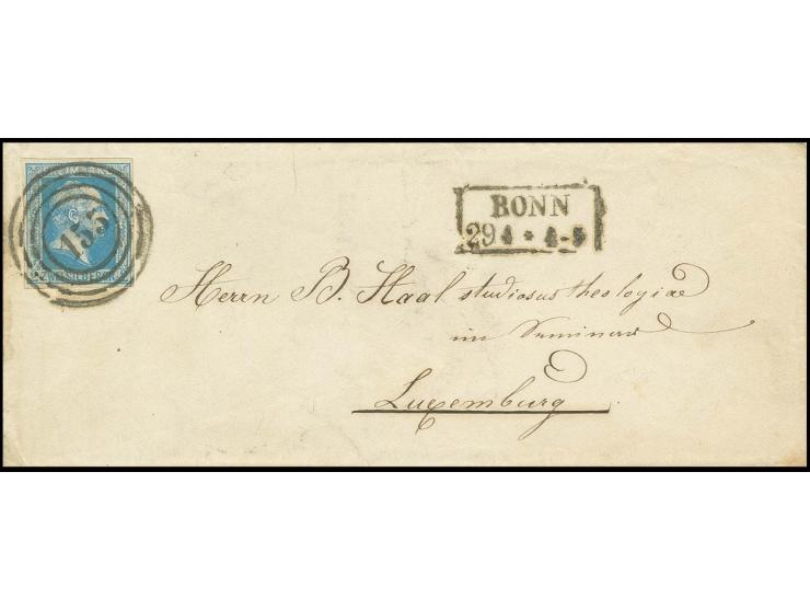 2 Sgr. blau, voll- bis breitrandig mit zentrisch klarer Nr. "155" auf kleinem Briefkuvert von "BONN 29 4" (1858) nach Luxembu
