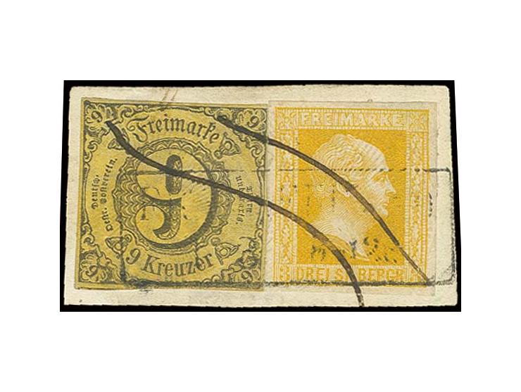 3 Sgr. gelborange, allseits breitrandig und farbfrisch in Mischfrankatur mit Thurn & Taxis 1852, 9 Kr. auf gelb mit über beid