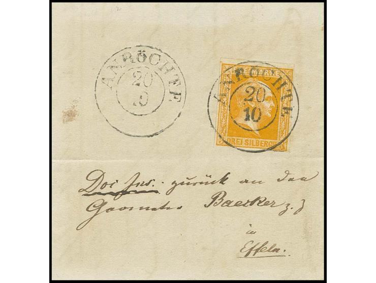 3 Sgr. dunkelorange, unten lupen-, sonst voll- bis breitrandig mit klar auf- sowie nebengesetztem DKr. "ANRÖCHTE 20 10" (1863