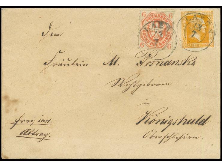 3 Sgr. dunkelgelblichorange in Mischfrankatur mit Wappen 6 Pfg. orange, beide farbfrisch und in einwandfreier Erhaltung mit D