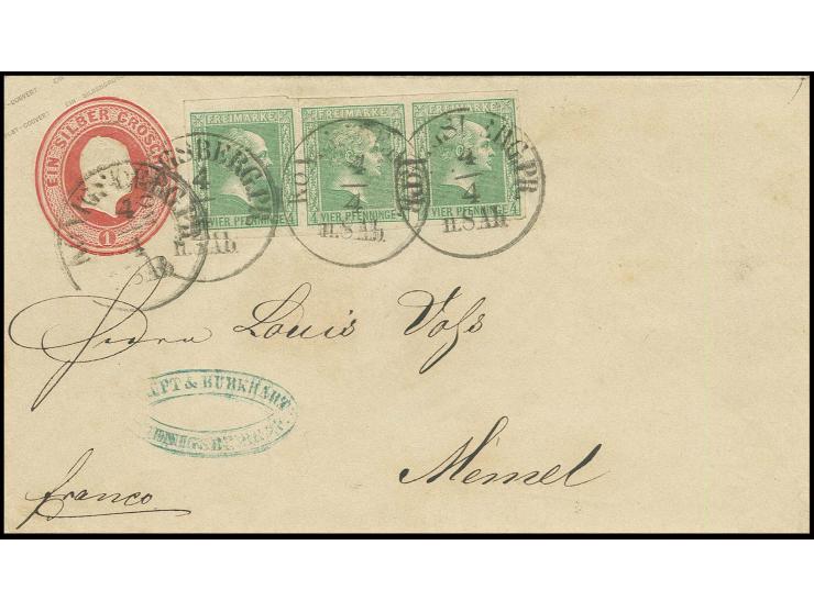 1858, Gittergrund: 4 Pfg. grün im waagerechten 3er-Streifen, allseits besonders breitrandig und farbfrisch, kleiner Vortrenns