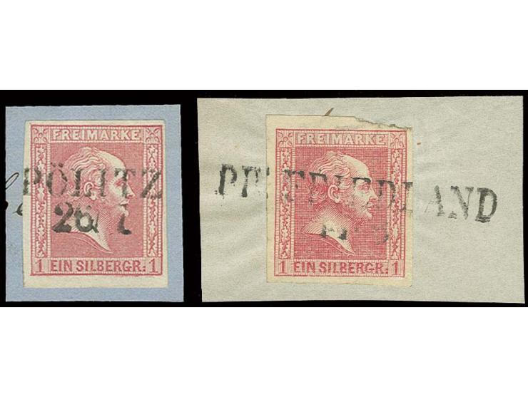 1Sgr. rosa, 2 voll- bis breitrandige Einzelstücke mit L2 "PÖLITZ 26/7" bzw. "PR:FRIEDLAND.." je auf Briefstück