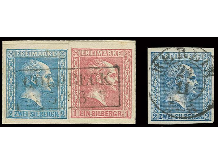 2 Sgr. dunkelblau mit Plattenfehler VI, allseits breitrandig, gestempelt, und 2 Sgr. grauultramarin mit Plattenfehler IV auf 