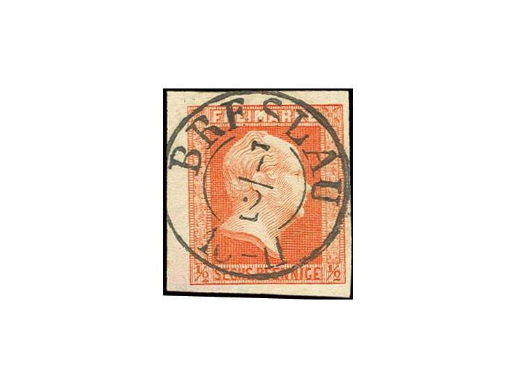 1859, 6 Pfg. rotorange, allseits breitrandig vom linken Bogenrand mit zentrischem DKr. "BRESLAU 7/2", Kabinett, sign. Kastaun