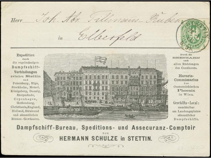 1861, Wappen 4 Pfg. grün mit DKr. "STETTIN 22 1 66" auf großer, wunderschön illustrierter Vertreterkarte des "Dampfschiff-Bur