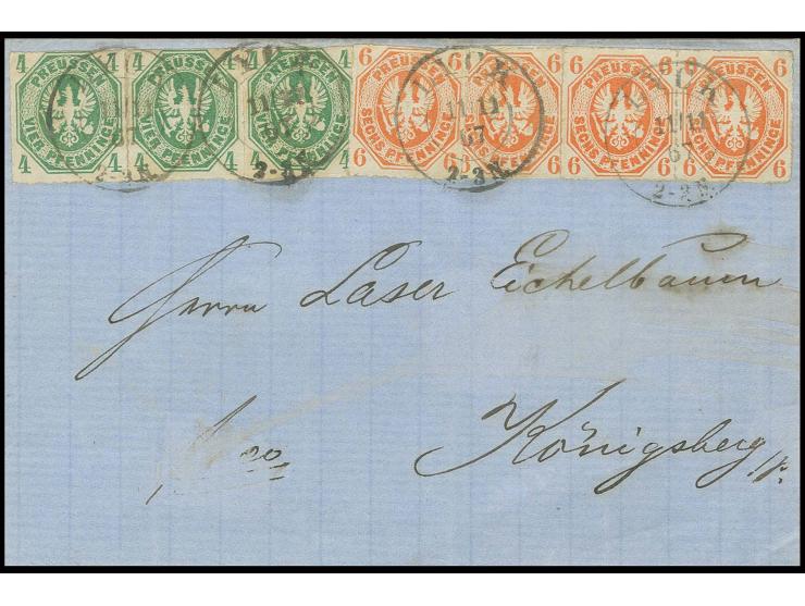 4 Pfg. grün, Paar und Einzelmarke zusammen mit Paar und 2 Einzelmarken 6 Pfg. orange, mit 4mal sauber aufgesetztem DKr. "LYCK