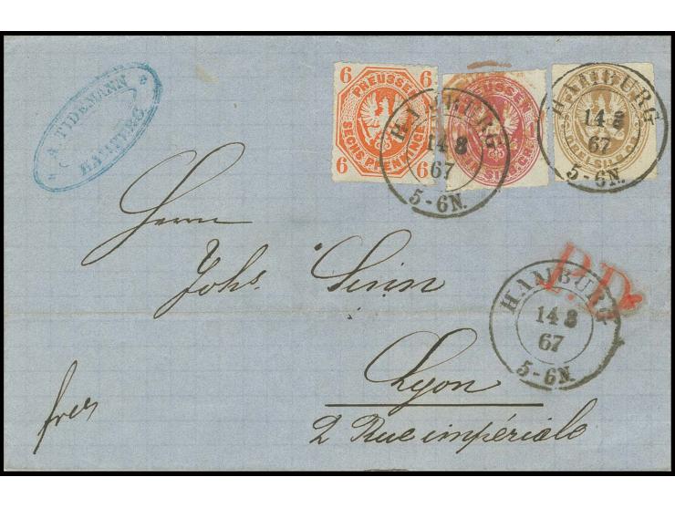 6 Pfg. orange, 1 Sgr. rosa und 3 Sgr. ocker, alle farbfrisch und gut durchstochen mit sauberem DKr. "HAMBURG 14 8 67", die 1 