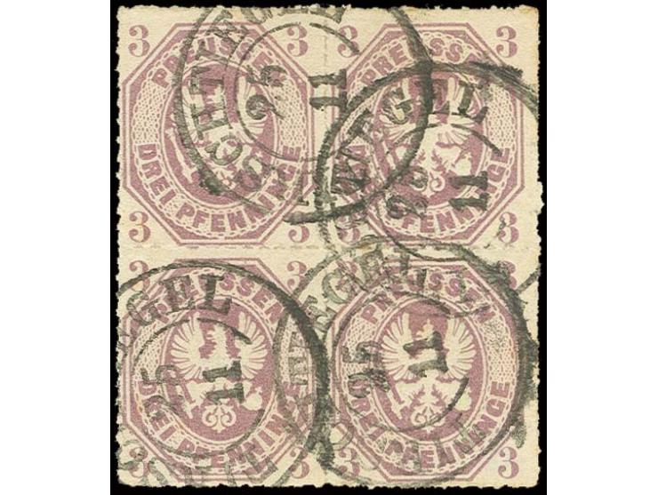 1865, 3 Pfg. graulila im 4er-Block, farbfrisch und tadellos durchstochen mit DKr. "TIRSCHTIEGEL 25/11", Pracht, Fotobefund Br